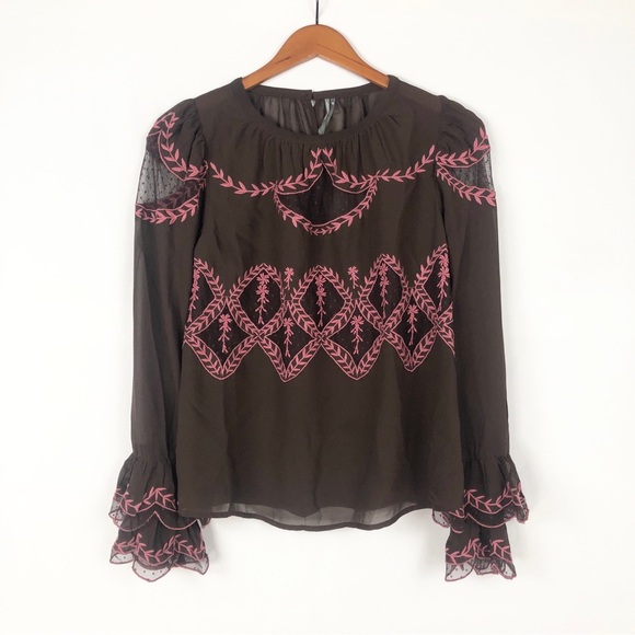 Anthropologie Tops - NEW By Anthropologie Long Sleeve Appliqué Blouse‎ Brown Size XXS Embroidered